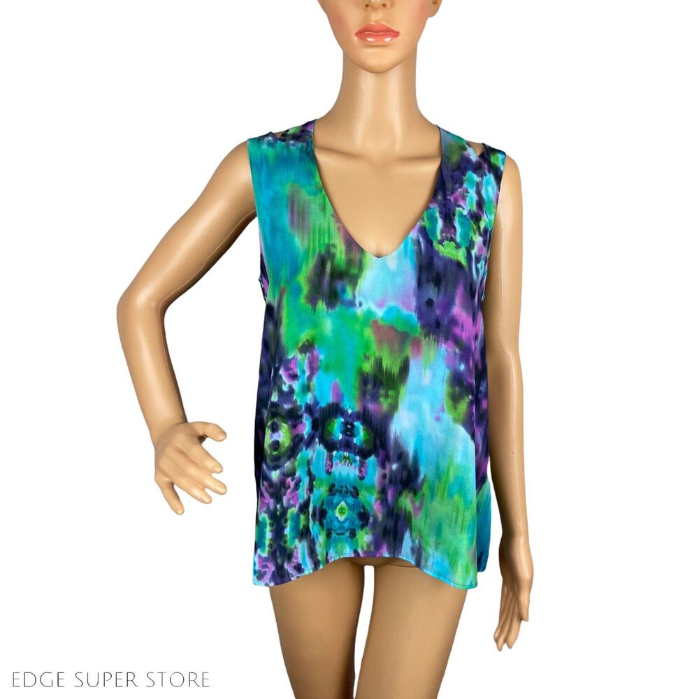 Kay Celine Purple Blue Green Watercolor Cut Out Sleeveless Blouse Top Size Small